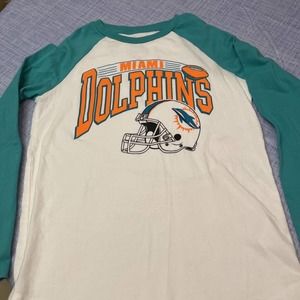 Miami Dolphins NFL Boys T-Shirt White Green Color Block Raglan Sleeve L 10-12